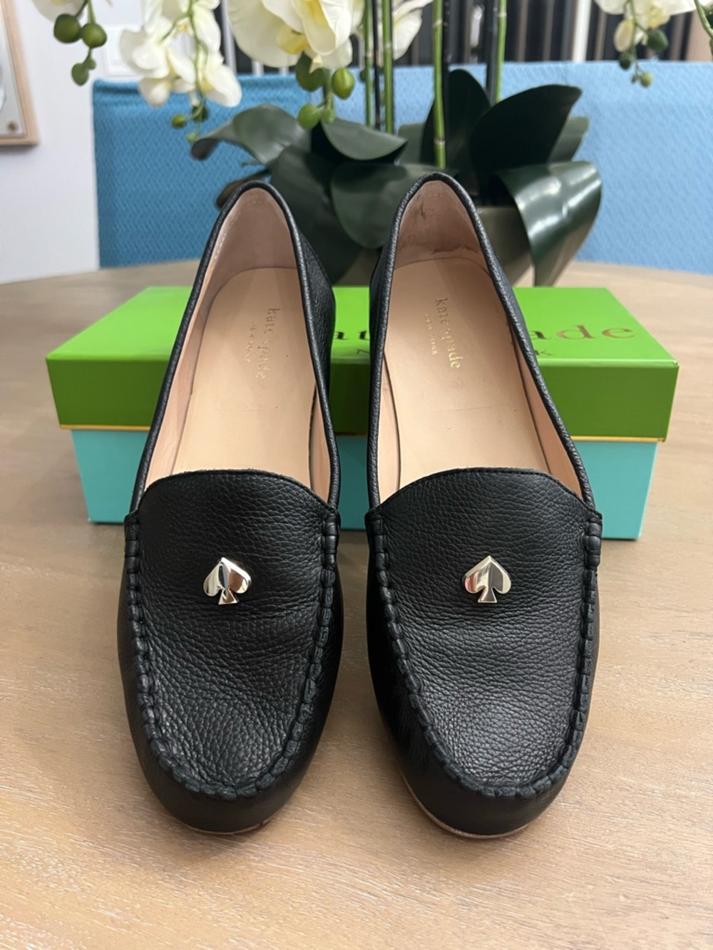 kate spade Black Pebbled Leather Loafers with Gold Spade Hardware